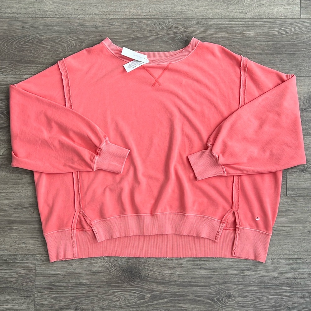 NEW American Eagle Big Hug Sweatshirt Coral Pink Distressed Oversized Medium